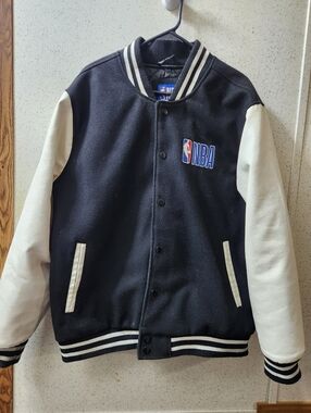 Vintage NBA Letterman Varsity Jacket Black Wool White Leather Men's XL Clean